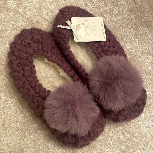 Brand New Lemon Popcorn Pom Pom Ballerina Slippers Knit Slip On Sherpa Purple - Picture 10 of 10